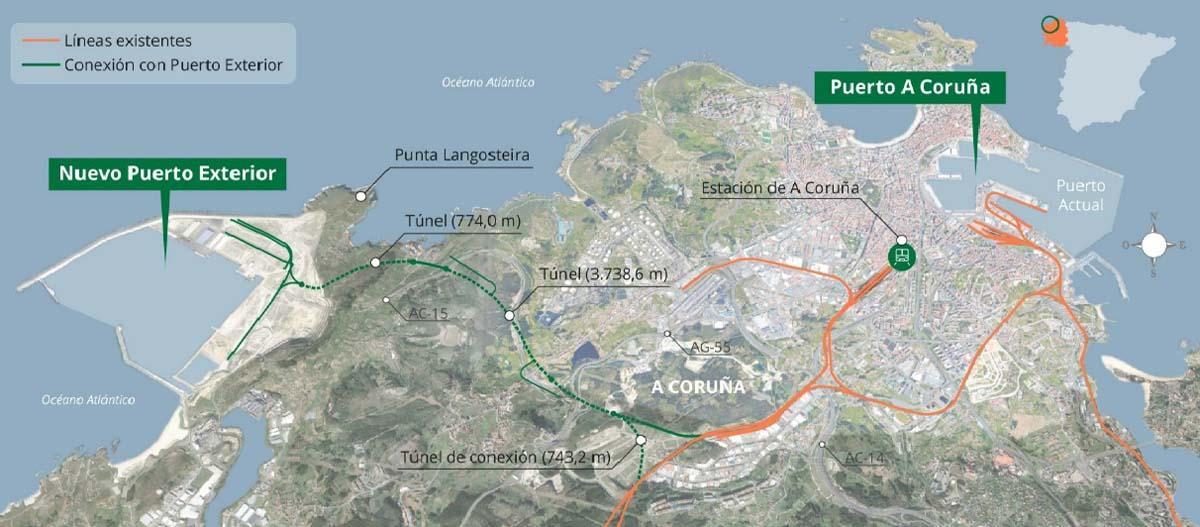 Plano de las obras de los túneles del tren al puerto exterior de A Coruña, en Langosteira.