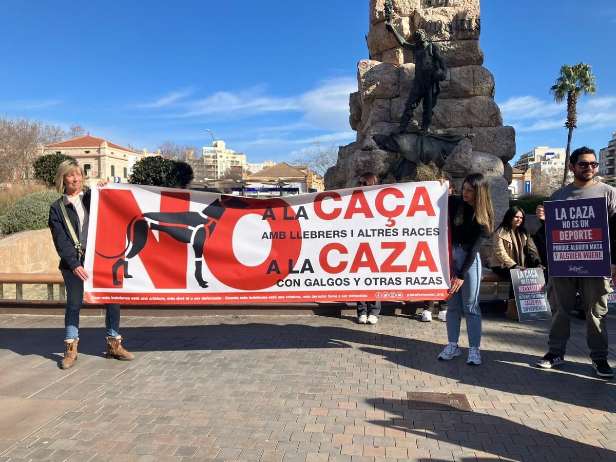 Los manifestantes a favor de la prohibición de la caza este domingo en la plaza de España de Palma.
