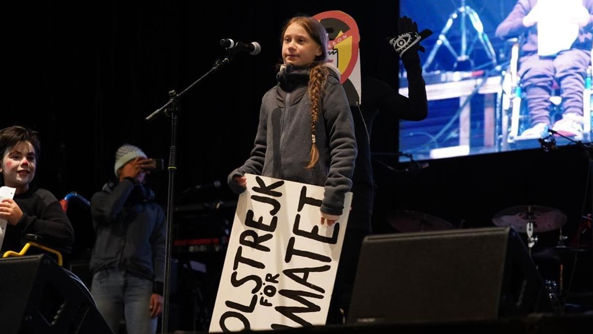 Greta Thunberg, en el escenario de la manifestación por el clima, el 6 de diciembre del 2019, en Madrid.