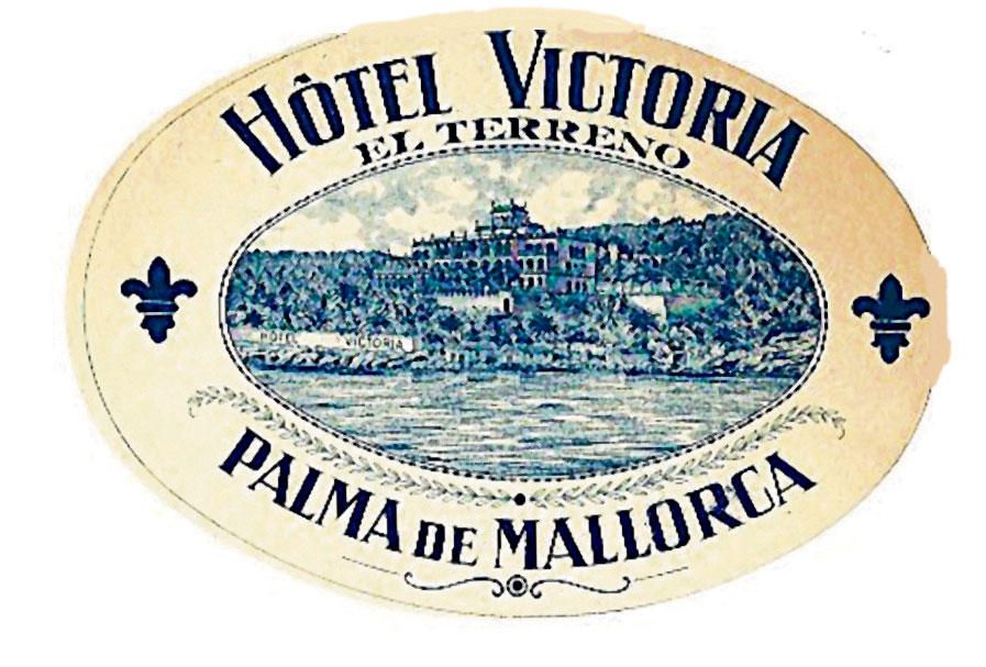 Victoria, El Terreno: Das dürfte einer der ältesten Kofferaufkleber Mallorcas sein – eine feine Grafik um 1910. Das Hotel war damals die Nr. 1 der Insel.