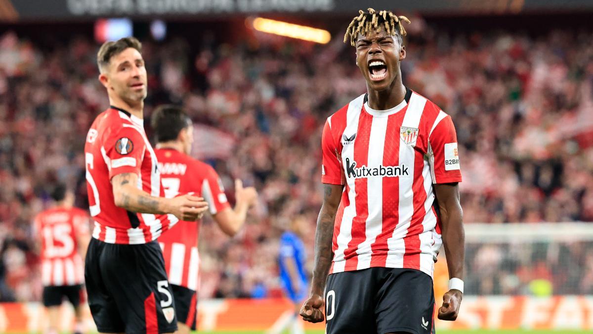 Nico Williams celebrates his goal against the Rangers in the quarterfinals of the Europa League
