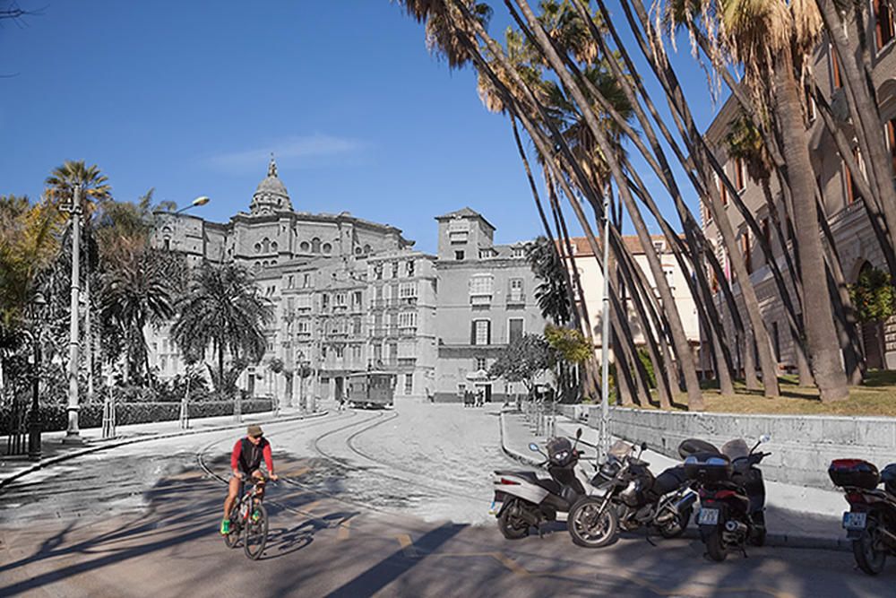 Aduana. El ciclista pasa raudo y deja atrás muchas décadas, que se llevan por delante los tranvías. La prueba de que la instantánea en blanco y negro es anterior a 1935 la aportan las palmeras washingtonias de la Aduana que asoman al fondo. Parece que el gobernador de entonces, Valeriano del Castillo, las ordenó talar (...)