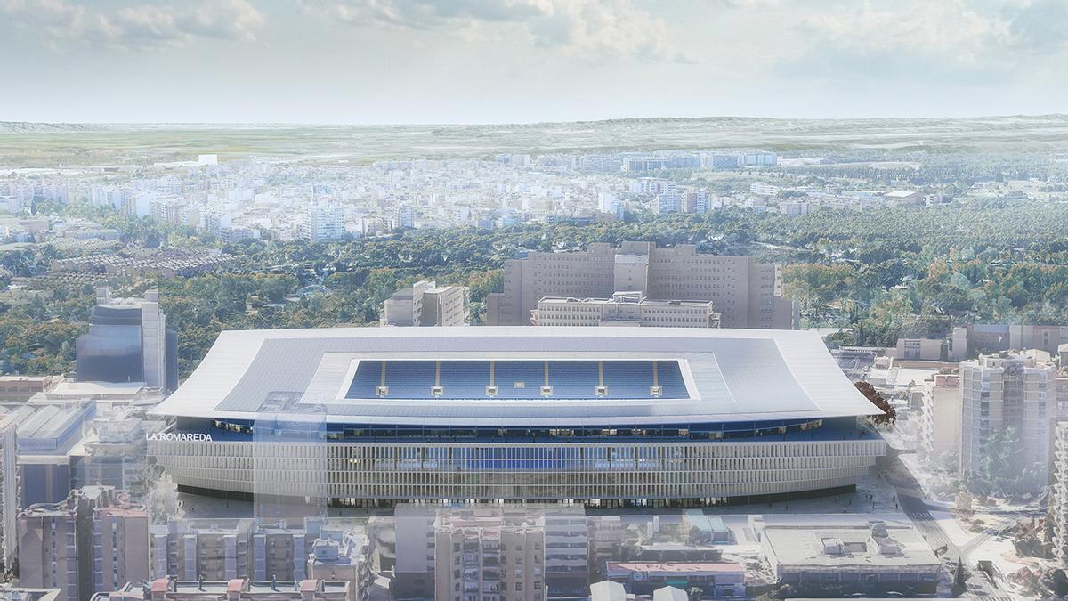 Proyección del aspecto final de la nueva Romareda, con Zaragoza de fondo.