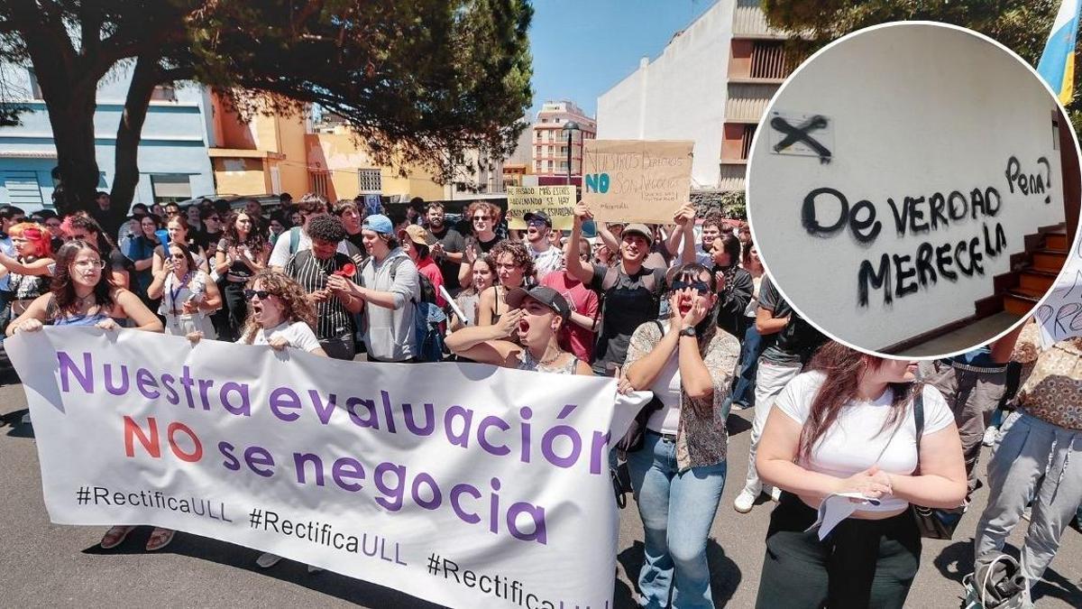 El alumnado de la Universidad de La Laguna; junto a una pintada en el Rectorado
