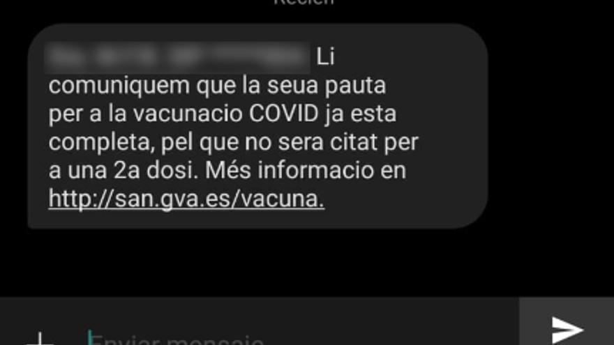 Una de los mensajes en los que Sanitat da por completada la pauta de vacunación