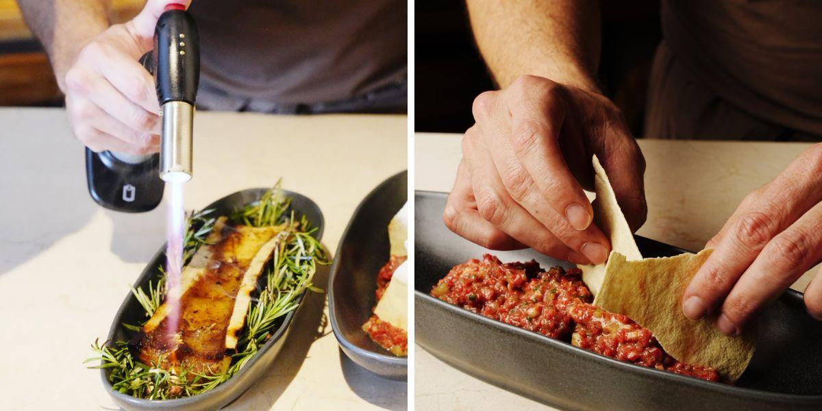 Steak tartar de solomillo con tuétano a la brasa.