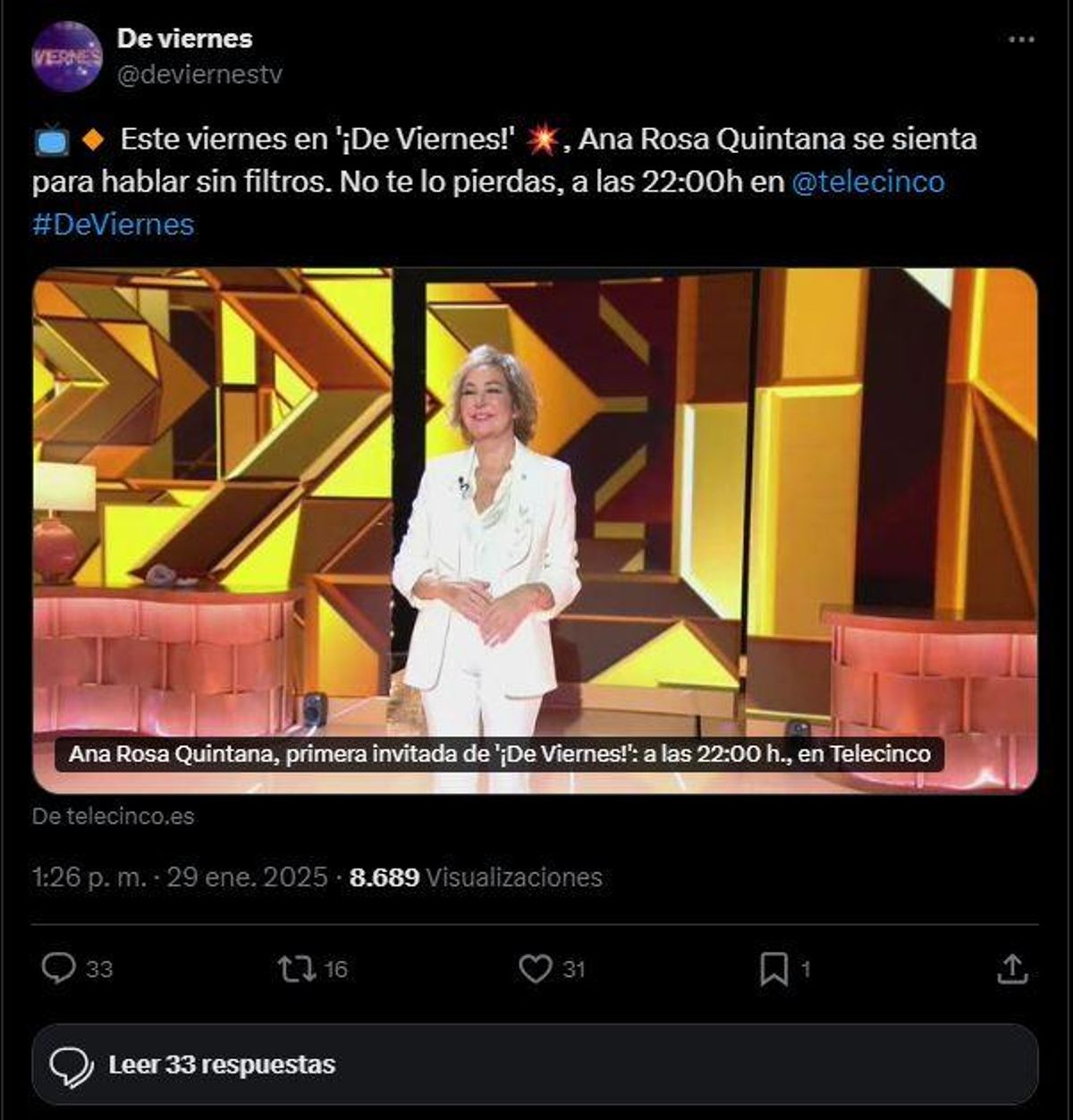 Ana Rosa Quintana se sienta en De Viernes