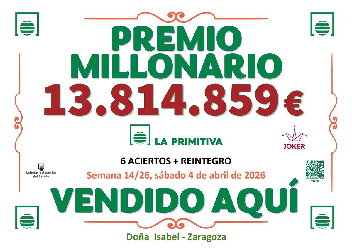 Cartel anunciador del Premio Millonario del sorteo especial de La Primitiva.