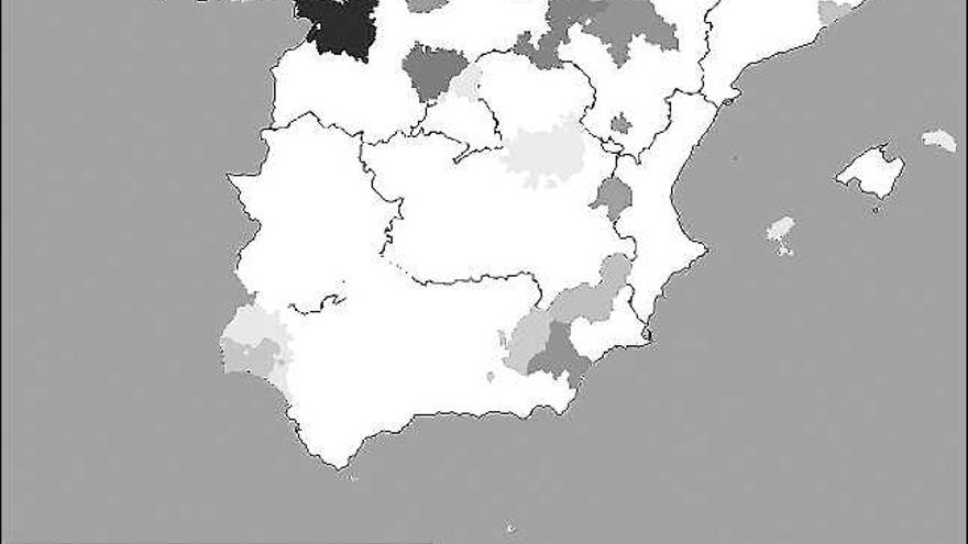 Mapa de las zonas del país afectadas por la primera fase del &quot;apagón analógico&quot;, entre ellas casi toda la provincia