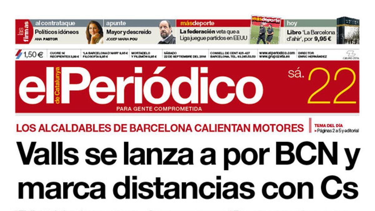 La portada de EL PERIÓDICO DE CATALUNYA del 22 de septiembre del 2018