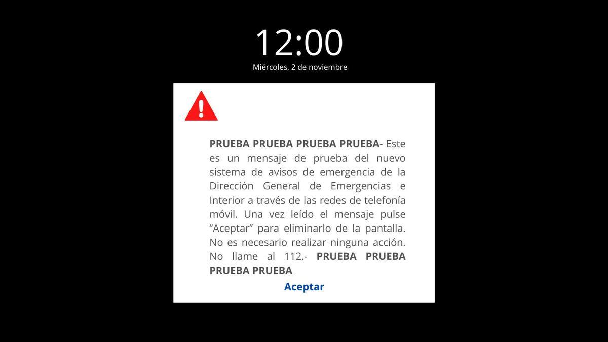 Mensaje de la prueba de alertas que aparecerá en los móviles