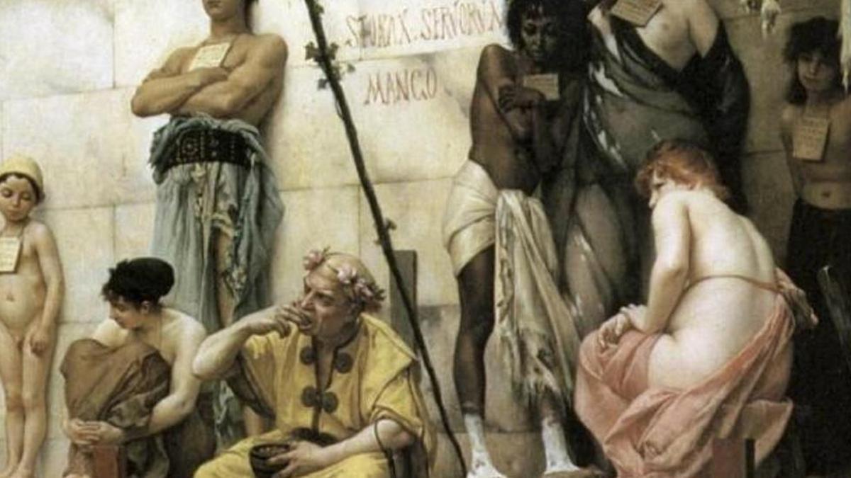 Recreación pictórica de la venta de esclavos en la Antigua Roma.
