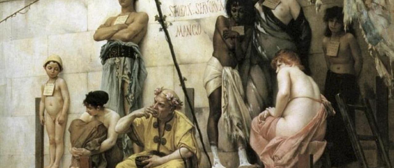 Recreación pictórica de la venta de esclavos en la Antigua Roma.