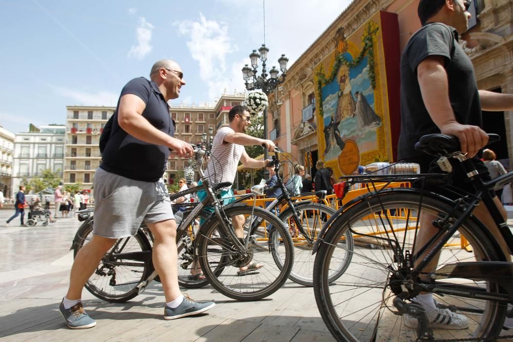 Numerosas personas acuden a la plaza de la Virgen de València para contemplar el tapiz floral