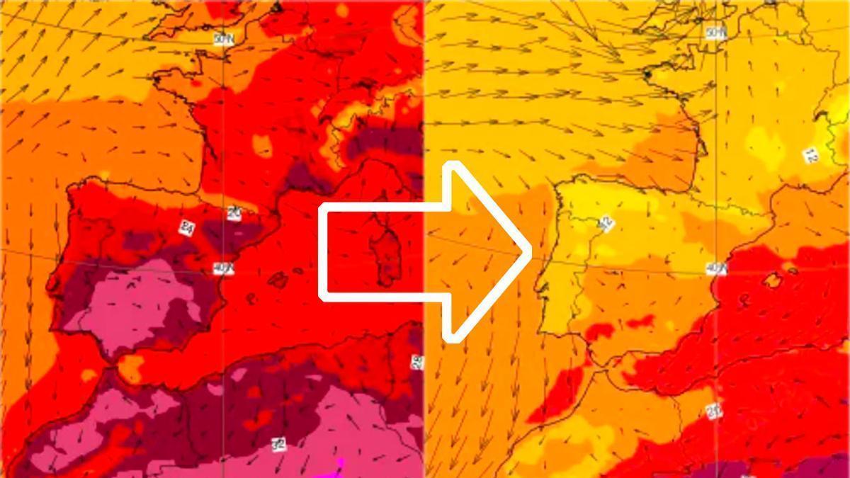 Imagen del mapa de calor en España según el modelo meteorológico europeo este domingo 31 de mayo (izda.) y el del sábado 6 de junio (dcha.).