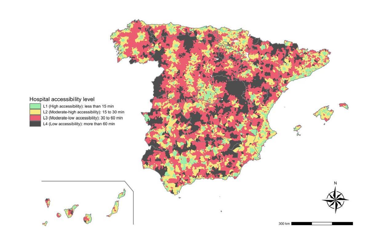 Nivel de accesibilidad a un hospital en España.