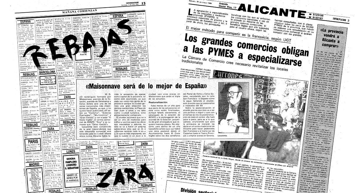 Uno de los primeros anuncios de rebajas de Zara, junto a varios artículos que recogen el temor de los comerciantes a la llegada del nuevo competidor y la apuesta de Lassaletta por Maisonnave.