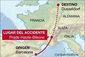 Mapa del trajecte previst del vol amb destí Düsseldorf, i lloc de l’accident.