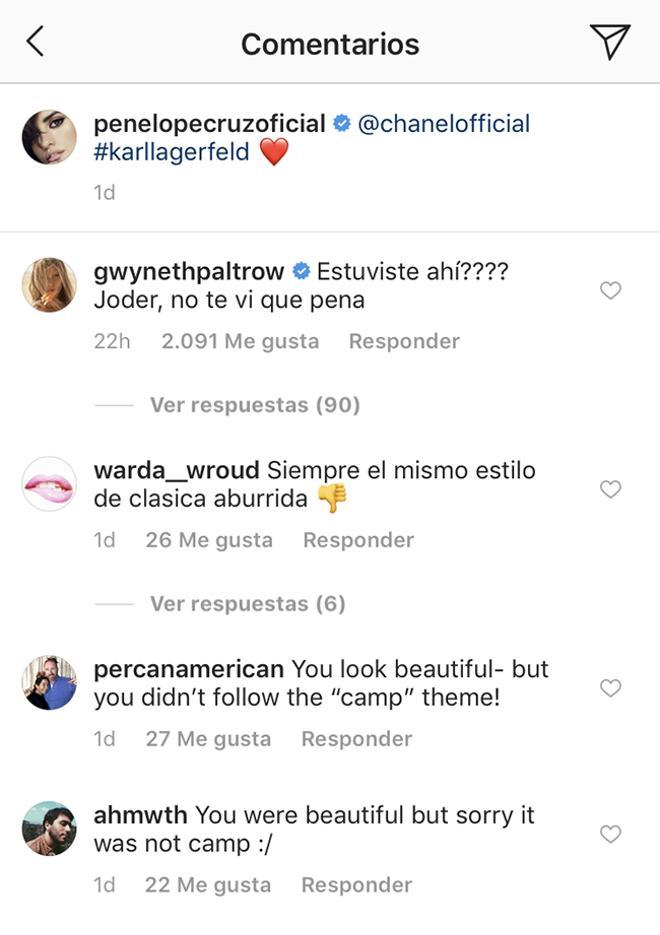 Comentario en Instagram de Gwyneth Paltrow a Penélope Cruz tras la gala MET 2019