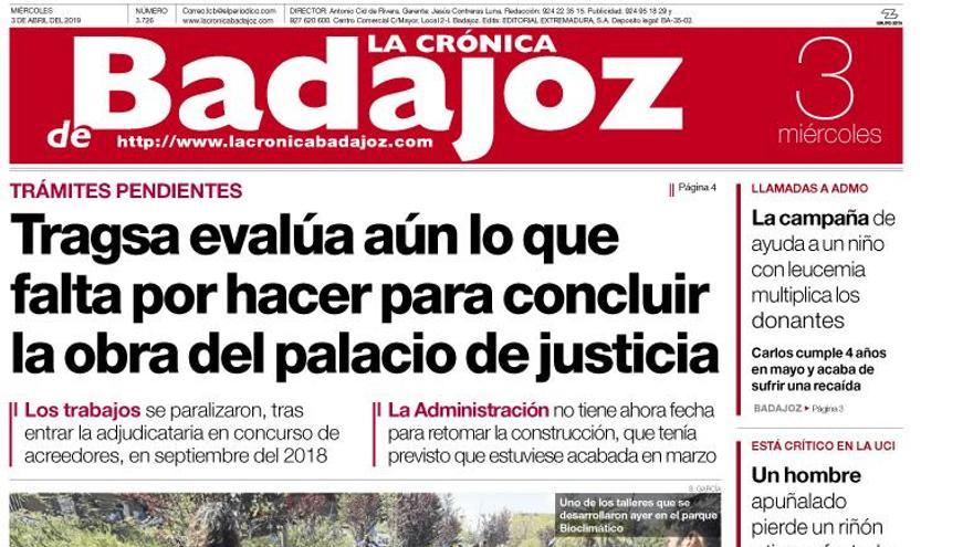 Esta es la portada de LA CRÓNICA DE BADAJOZ correspondiente al día 3 de abril del 2019