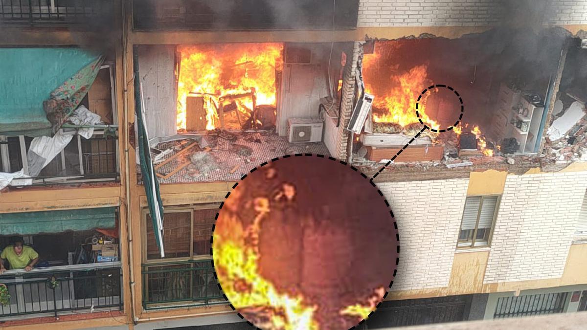 Dos de las bombonas, ampliadas en la imagen, en el dormitorio de la vivienda, mientras estaba en llamas.