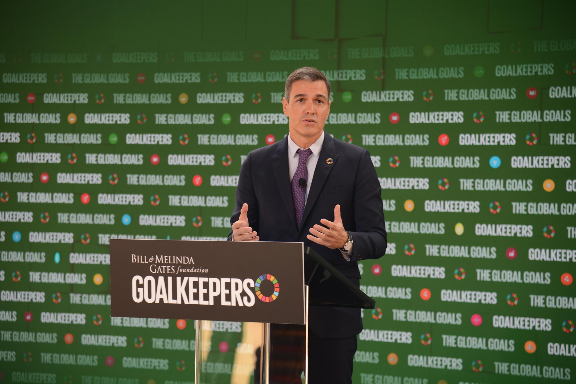 El presidente del Gobierno, Pedro Sánchez, interviene en el acto Goalkeepers de la Fundación Bill y Melinda Gates en Nueva York.