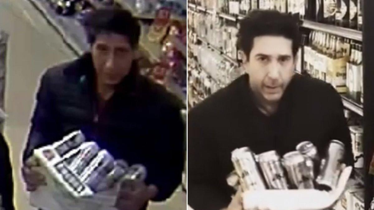 A la izquierda, el ladrón de cervezas buscado por la Policía y el actor David Schwimmer, en el vídeo parodia.