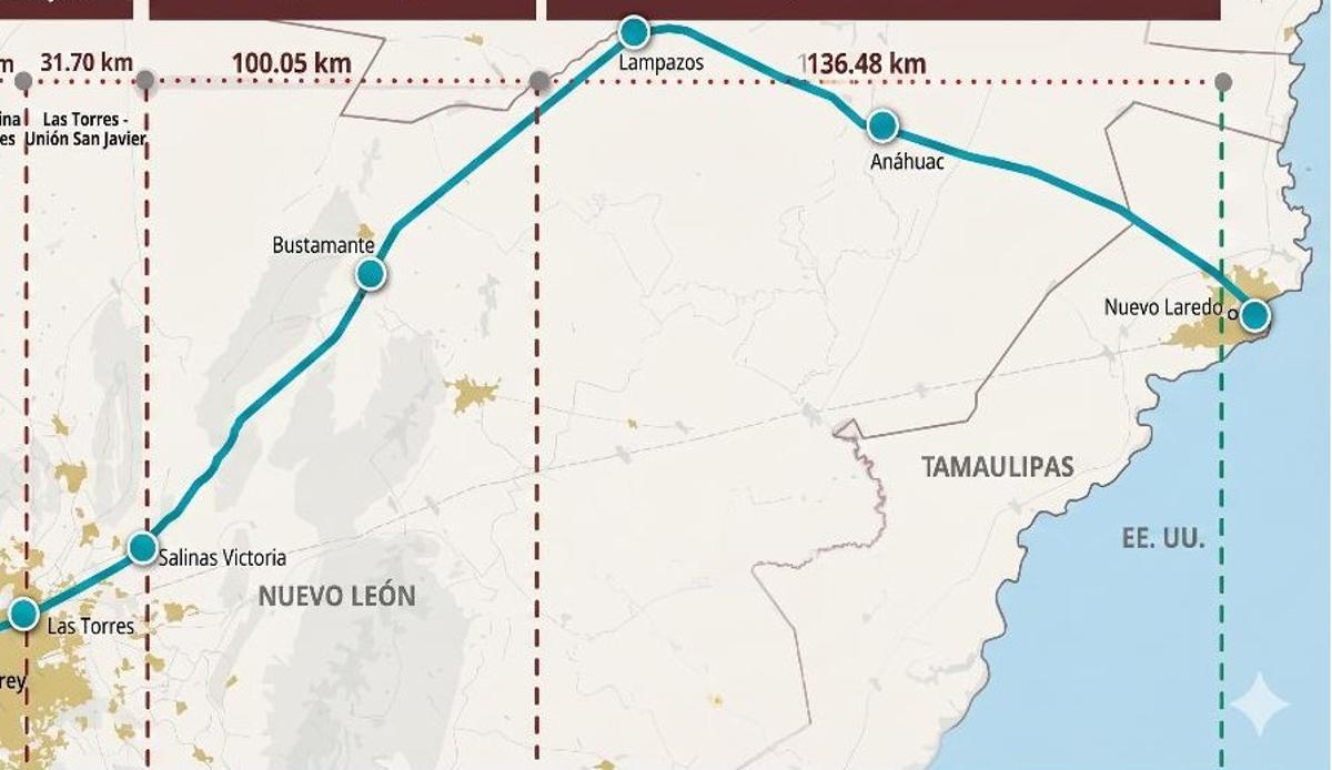 El traçat del futur corredor ferroviari Saltillo-Nuevo Laredo.