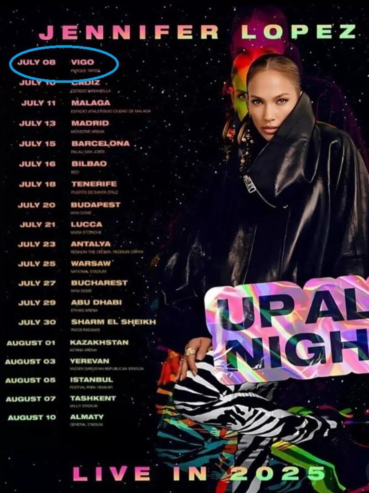 El cartel de la gira de Jennifer López que, erróneamente, marca Vigo como la primera parada de su tour de conciertos de verano.