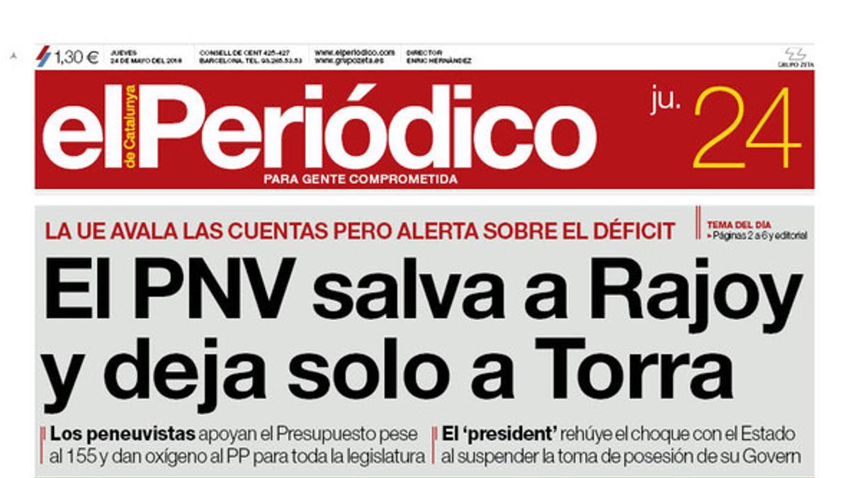 La portada de EL PERIÓDICO del 24 de mayo del 2018