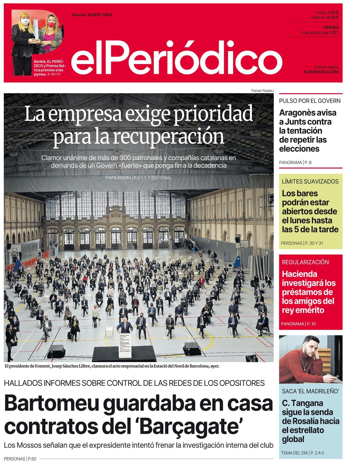 La portada d’EL PERIÓDICO del 5 de març del 2021