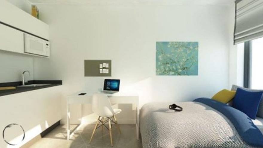 Recreación de una habitación con pequeña zona para cocina, en Residencial Pirineos.