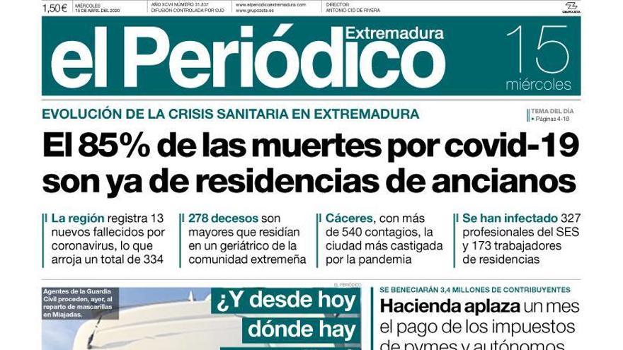 Esta es la portada de EL PERIÓDICO EXTREMADURA correspondiente al día 15 de abril del 2020