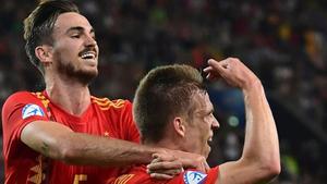 jdomenech48878978 spain s forward dani olmo  r  celebrates with spain s midfie190630231524