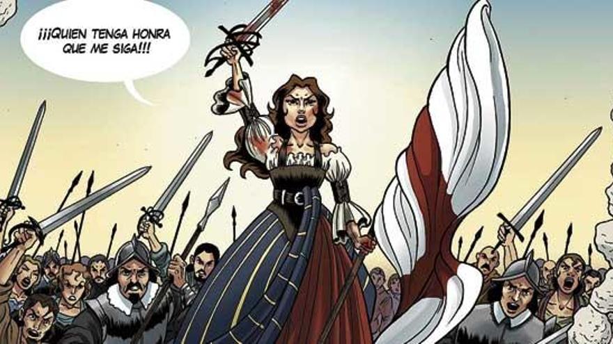 María Pita lanza la famosa proclama que se le atribuye, en la versión del cómic.
