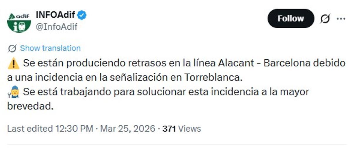El mensaje de Adif advirtiendo de la incidencia.