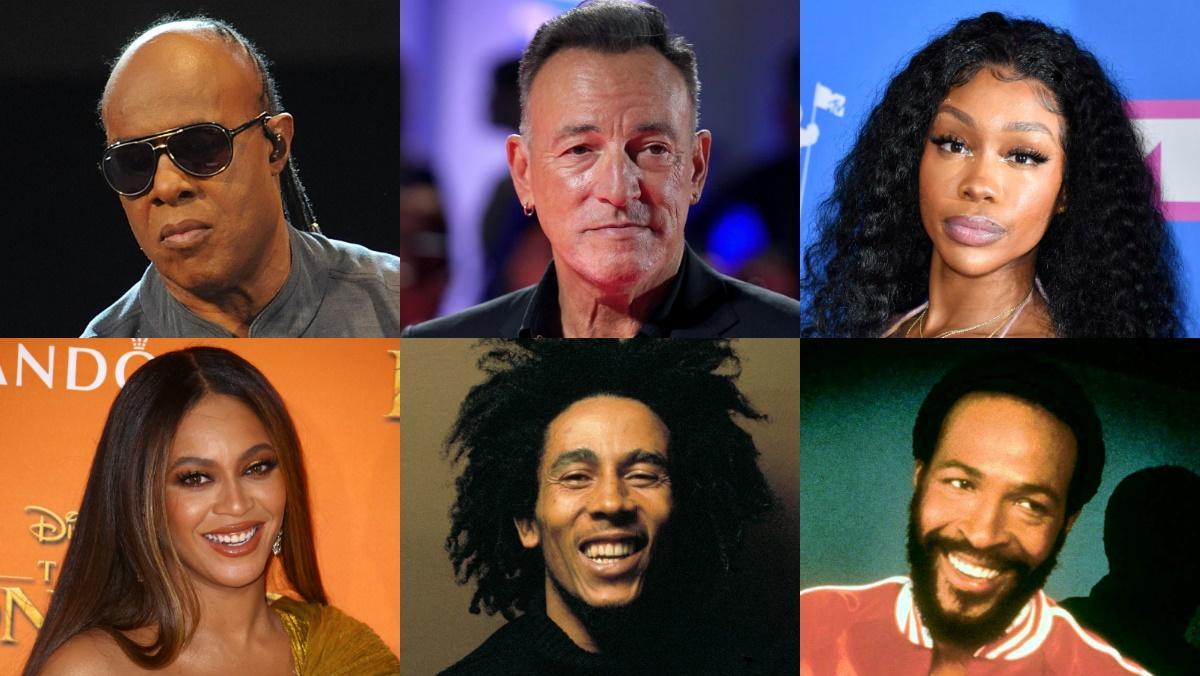 De izquierda a derecha y de arriba a abajo: Stevie Wonder, Bruce Springsteen, SZA, Beyoncé, Bob Marley y Marvin Gaye. De izquierda a derecha y de arriba a abajo: Stevie Wonder, Bruce Springsteen, SZA, Beyoncé, Bob Marley y Marvin Gaye.