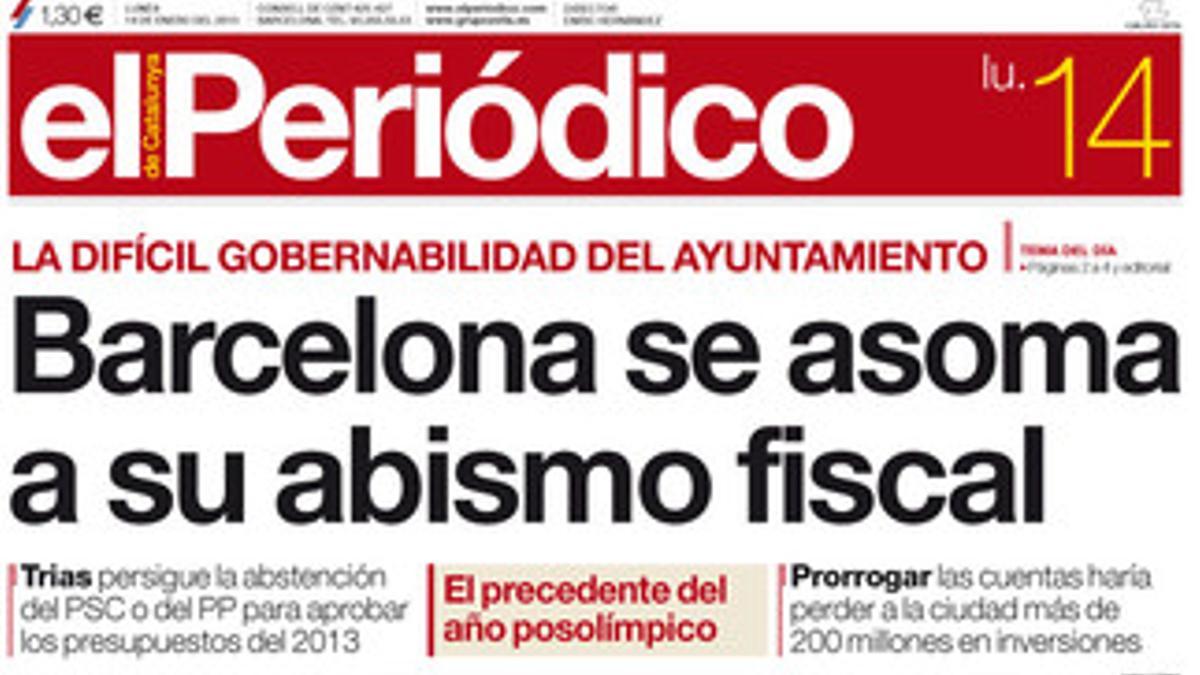 La portada de EL PERIÓDICO (14-1-2013).
