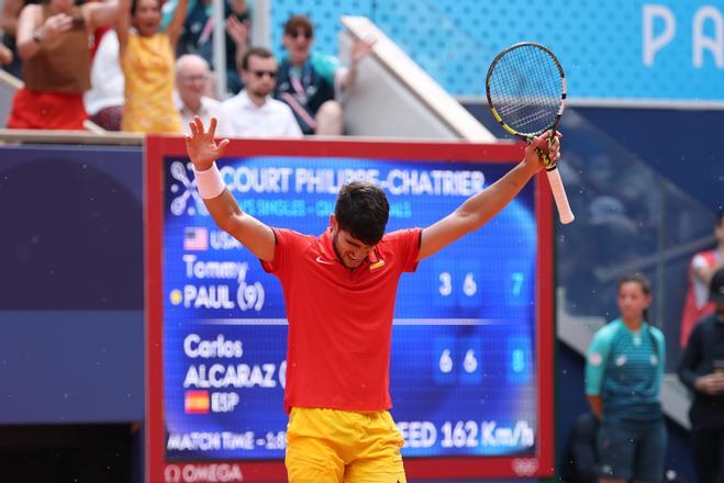  El español Carlos Alcaraz tras imponerse al estadounidense Tommy Paul durante los cuartos de final celebrados en el marco de los Juegos Olímpicos París 2024