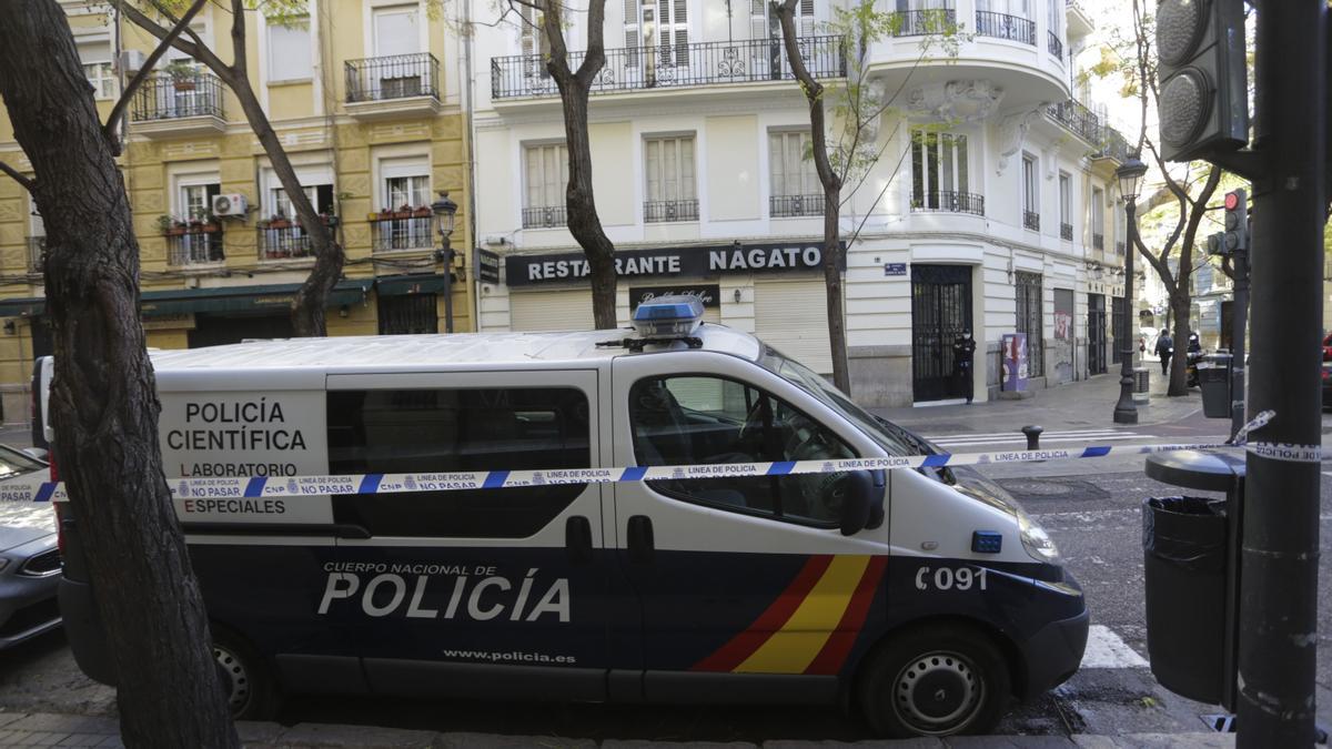 Un furgón de la Policía Científica del CNP frente al lugar donde ha sucedido el crimen machista.