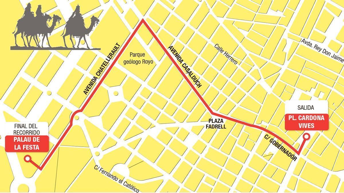 Recorrido de la Cabalgata de los Reyes Magos que comenzará a las 18.00 horas en Castelló.