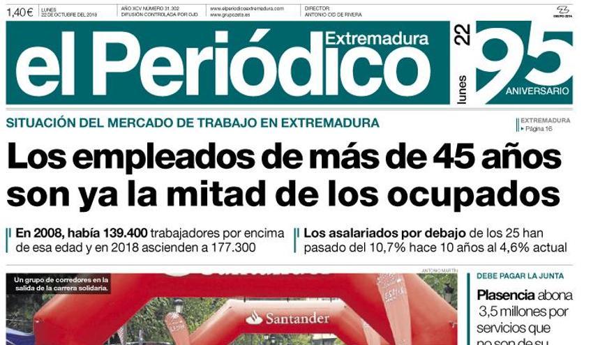 Esta es la portada de EL PERIÓDICO EXTREMADURA correspondiente al día 22 de octubre del 2018