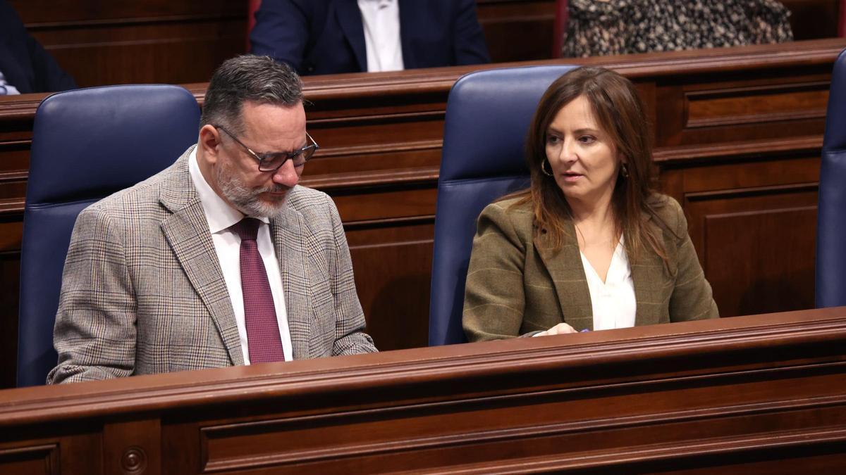 Poli Suárez y Nieves Lady Barreto, en el pleno del Parlamento de Canarias el 10 de diciembre.