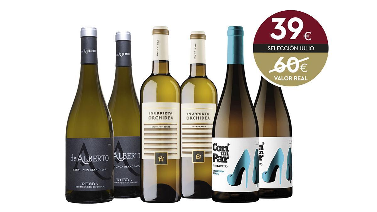 Selección de vinos sauvignon blanc de Casa Gourmet para julio: seis botellas de Rueda, Navarra y Utiel-Requena por 39 euros.