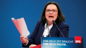 FILE PHOTO: SPD parliamentary group leader Andrea Nahles speaks during the SPD’s one-day party congress in Bonn, Germany, January 21, 2018. REUTERS/Wolfgang Rattay/File Photo