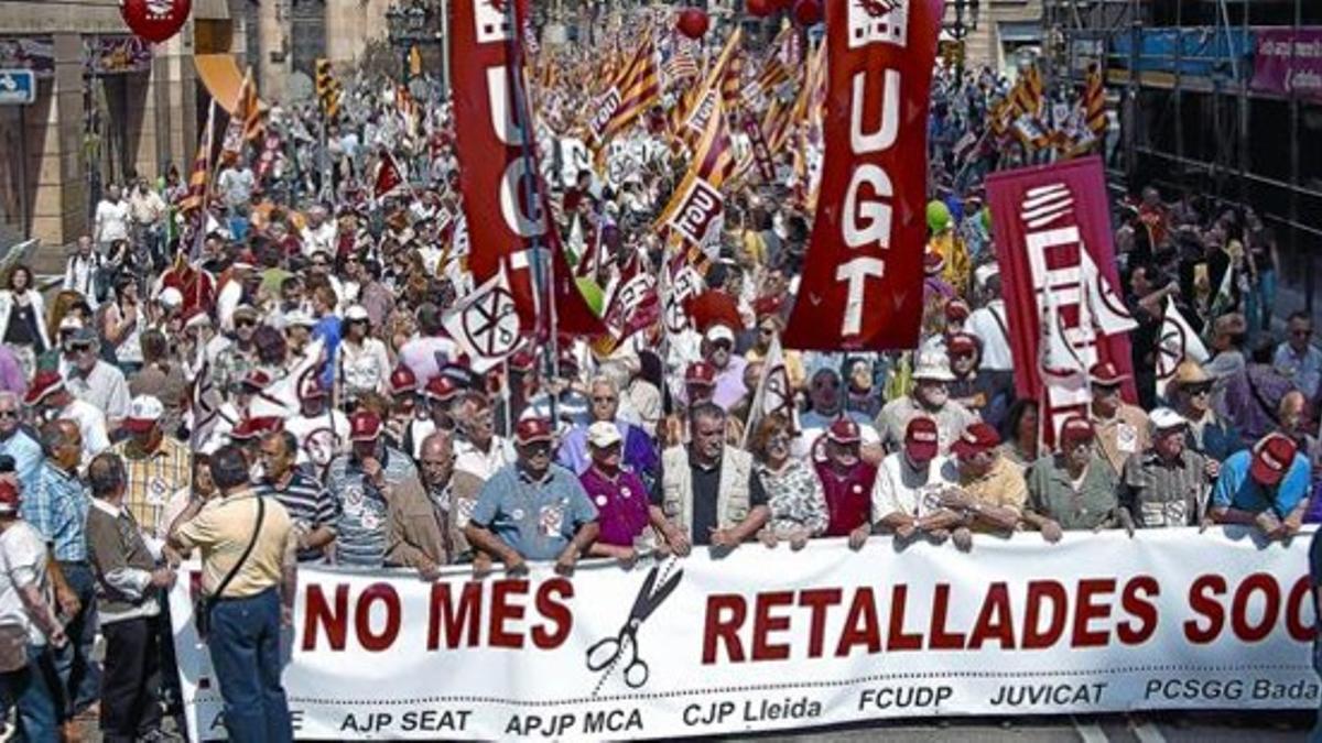 Una de las pancartas de la manifestación, ayer en la Via Laietana.