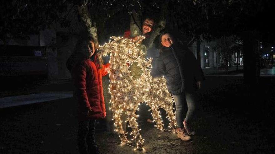 Unos niños con uno de los &quot;animales&quot; luminosos en la Praza Massó. // G.Núñez