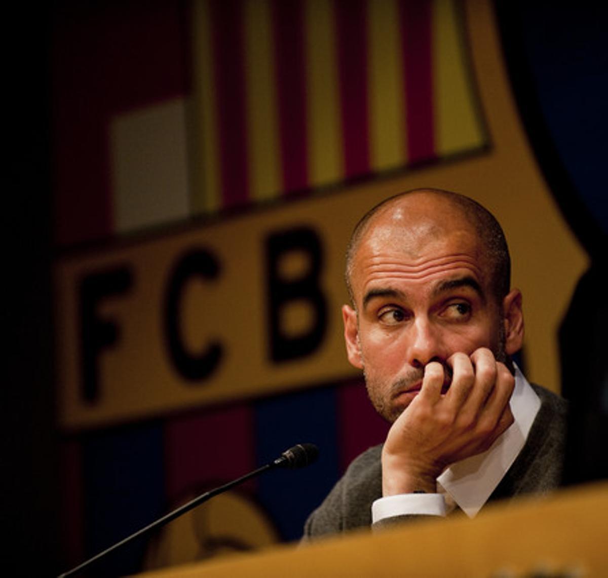 Guardiola, durant la roda de premsa en què ha anunciat que no renovarà com a tècnic del Barça. Guardiola, durant la roda de premsa en què ha anunciat que no renovarà com a tècnic del Barça.