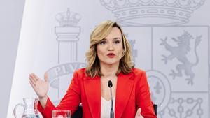 La ministra de Educación, Formación Profesional y Deporte y portavoz del Gobierno, Pilar Alegría, en la rueda de prensa posterior al Consejo de Ministros