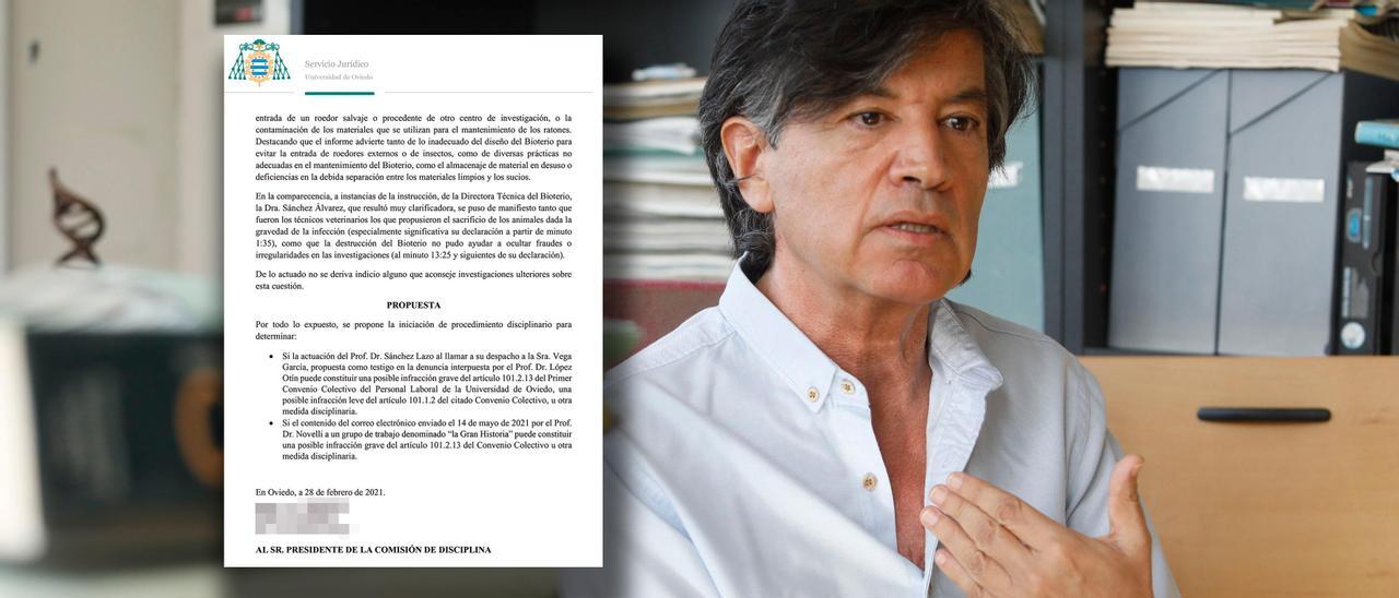 Carlos López-Otín, en su despacho. En el recuadro, Última de las veinte páginas de la resolución del instructor de la investigación.